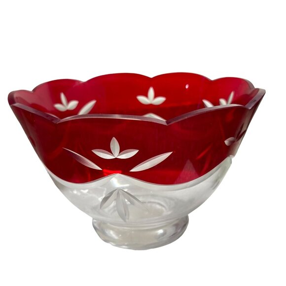 Lenox Crimson Splendor Serving Bowl Burgundy Glass Romania Floral Etched Holiday - Picture 1 of 6